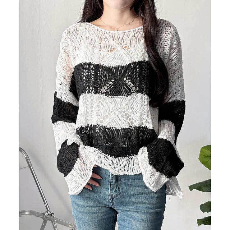 ブラック | ワイドボーダールーズニットトップス 大人カジュアル ゆったり | Dewlily