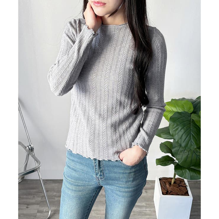 ラウンドネックメロウフリルリブニット 体型カバー 白 | Dewlily | 詳細画像15 