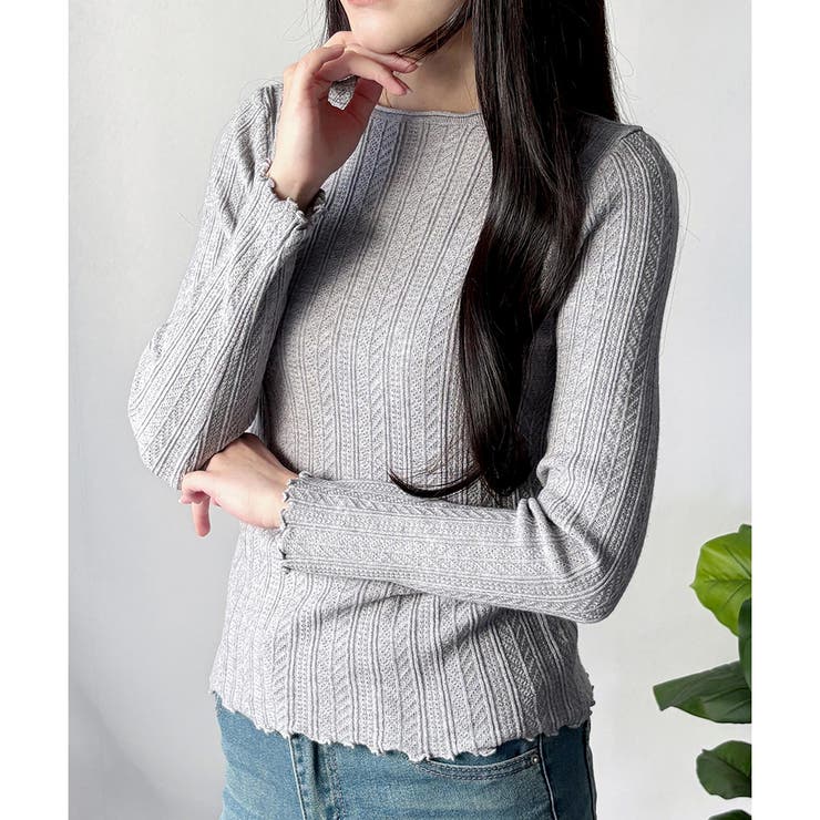 ラウンドネックメロウフリルリブニット 体型カバー 白 | Dewlily | 詳細画像16 