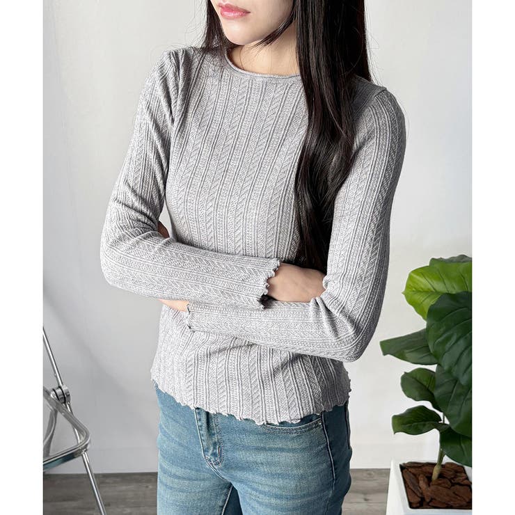 ラウンドネックメロウフリルリブニット 体型カバー 白 | Dewlily | 詳細画像17 