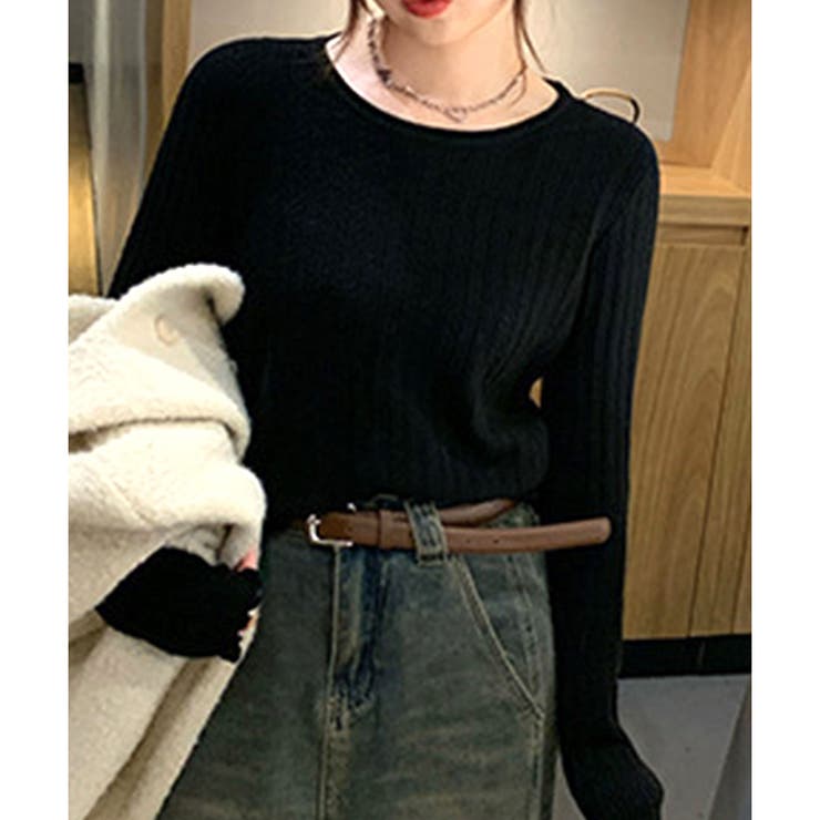 ラウンドネックメロウフリルリブニット 体型カバー 白 | Dewlily | 詳細画像18 