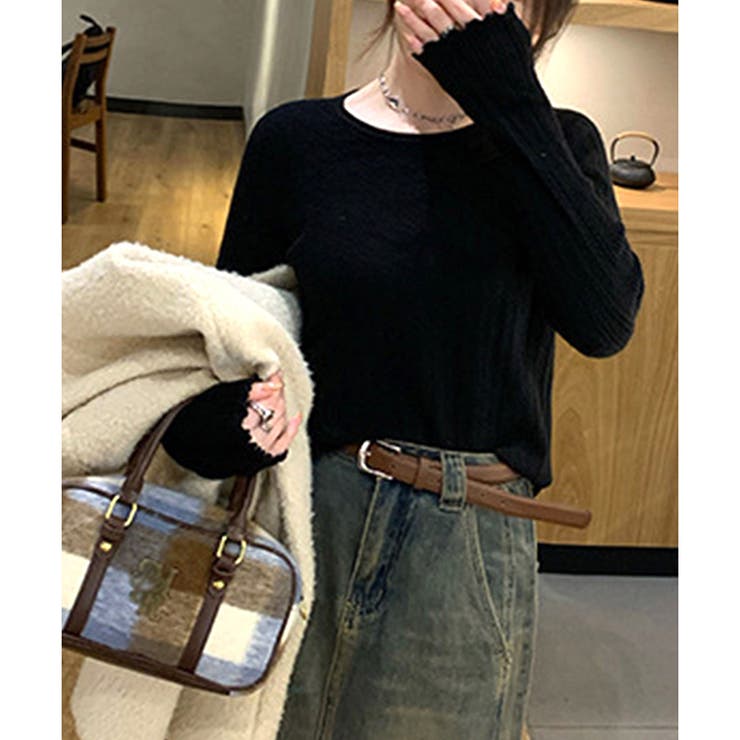 ラウンドネックメロウフリルリブニット 体型カバー 白 | Dewlily | 詳細画像19 