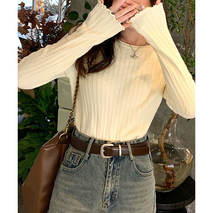 ラウンドネックメロウフリルリブニット 体型カバー 白 | Dewlily | 詳細画像9 