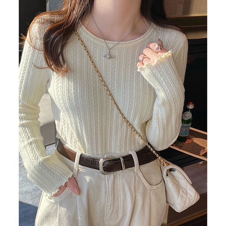 アイボリー | ラウンドネックメロウフリルリブニット 体型カバー 白 | Dewlily