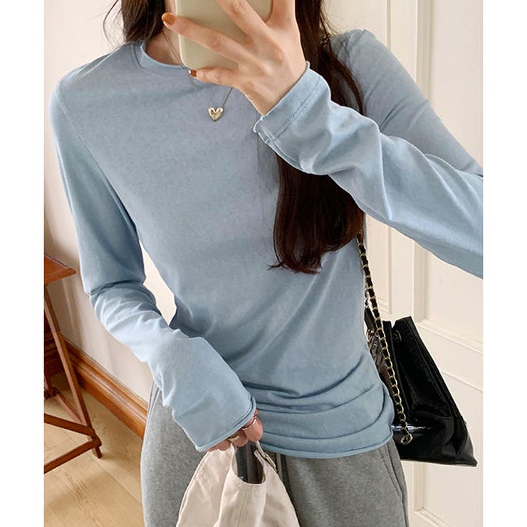 ブルー | ナチュラルフィット長袖カットソー 体型カバー 無地 | Dewlily