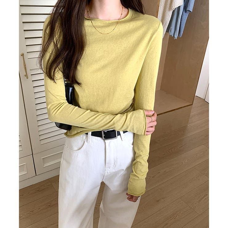 イエロー | ナチュラルフィット長袖カットソー 体型カバー 無地 | Dewlily