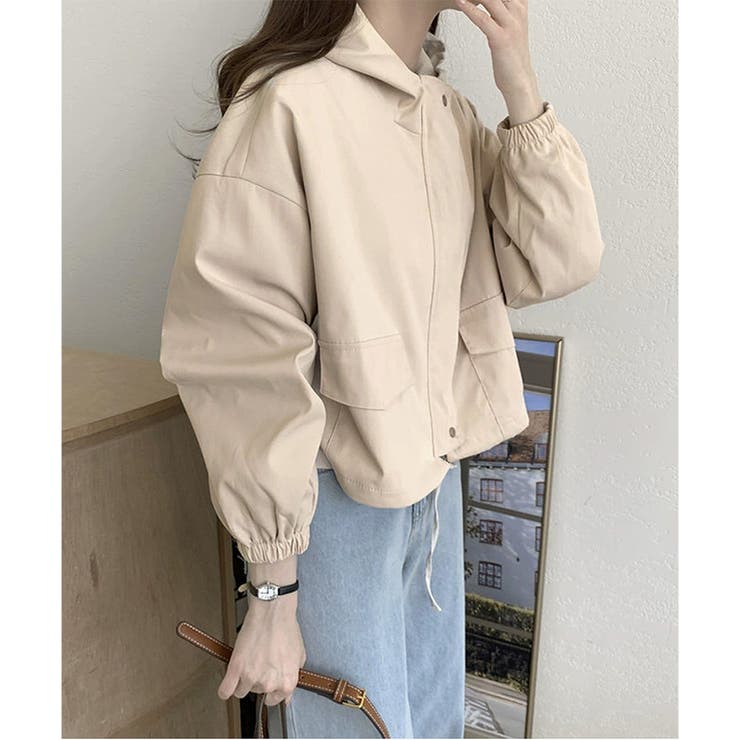 ショート丈ドロストフードジャケット マウンテンパーカー 体型カバー | Dewlily | 詳細画像14 