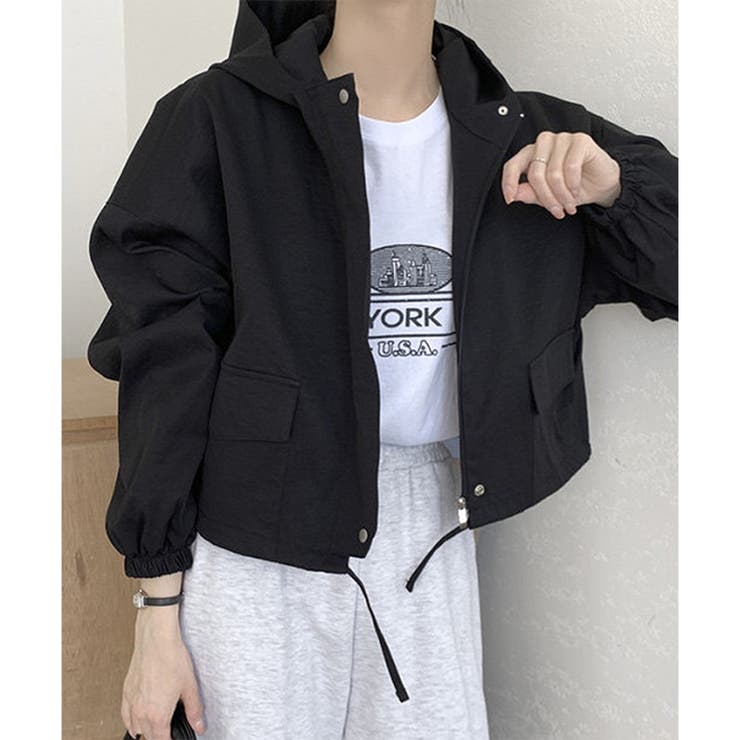 ショート丈ドロストフードジャケット マウンテンパーカー 体型カバー | Dewlily | 詳細画像17 