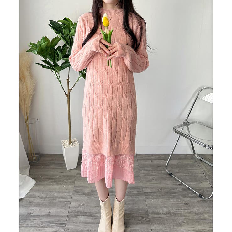 レースドッキングニットワンピース ワンピース ロング丈 | Dewlily | 詳細画像2 