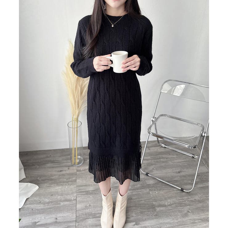 ブラック | レースドッキングニットワンピース ワンピース ロング丈 | Dewlily