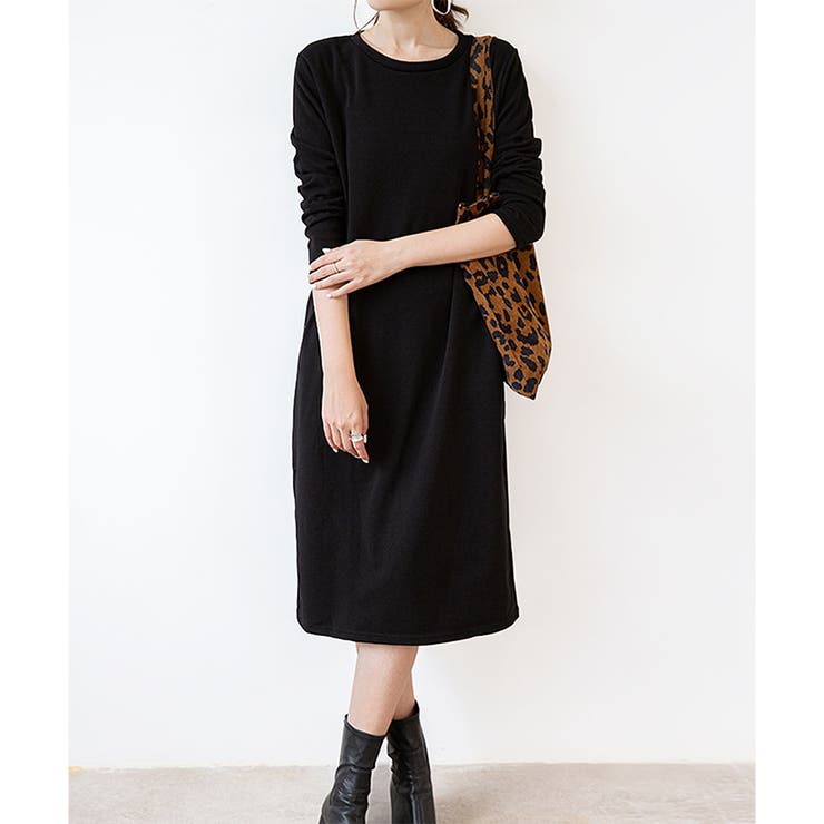 ブラック | ナチュラルフィット裏起毛ワンピース ロング あったか | Dewlily