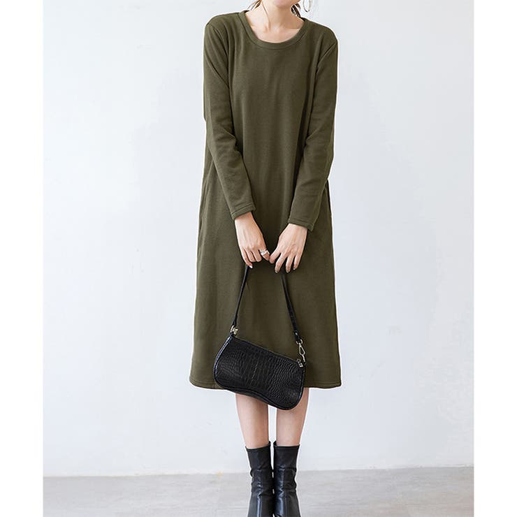 カーキ | ナチュラルフィット裏起毛ワンピース ロング あったか | Dewlily