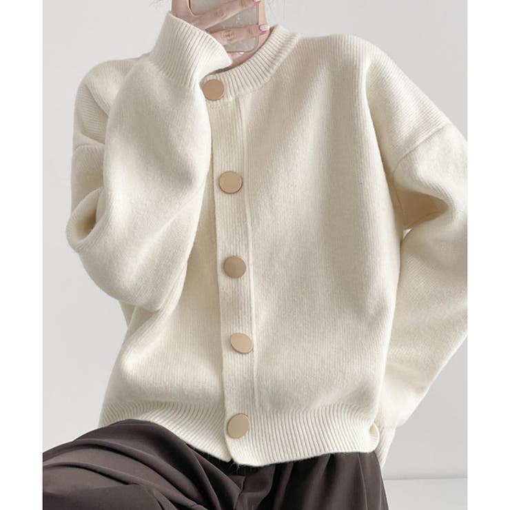 ホワイト | シンプルボタンニットカーディガン レディース 春秋冬 | Dewlily