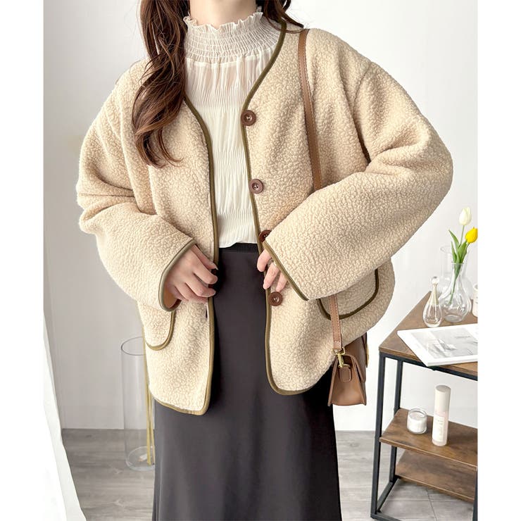 配色ラインノーカラーコート レディース 秋冬 | Dewlily | 詳細画像12 