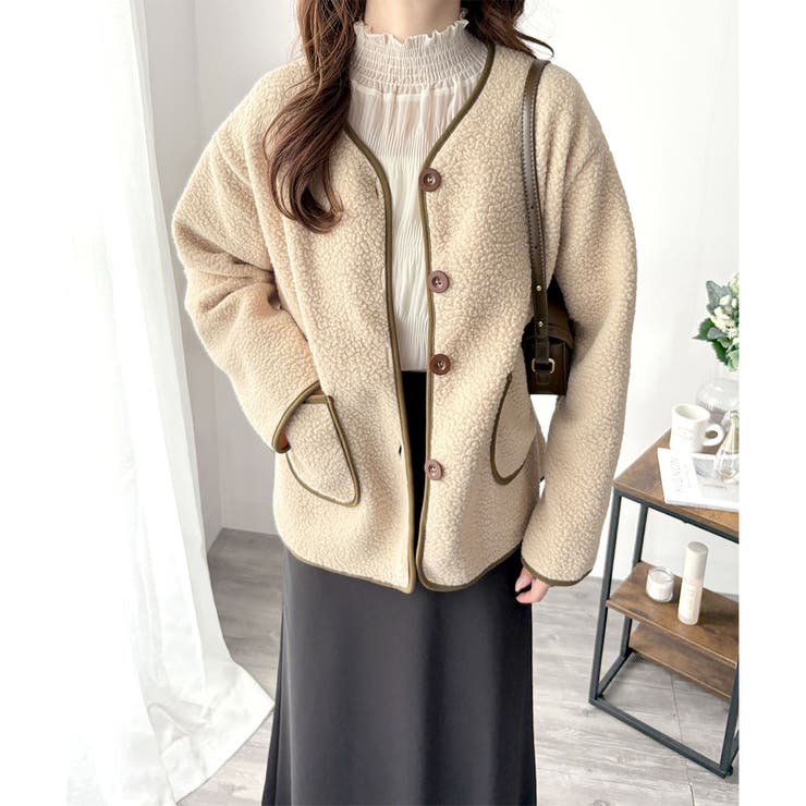 配色ラインノーカラーコート レディース 秋冬 | Dewlily | 詳細画像14 