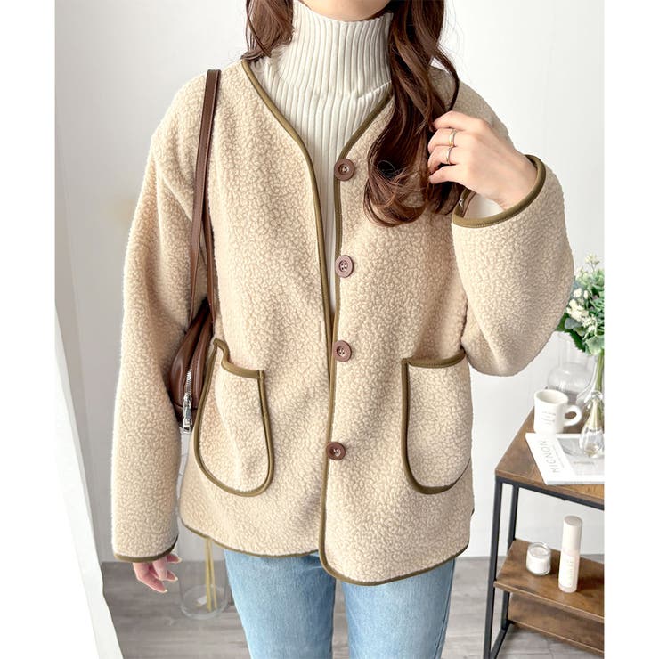 配色ラインノーカラーコート レディース 秋冬 | Dewlily | 詳細画像2 