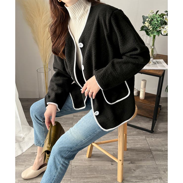 配色ラインノーカラーコート レディース 秋冬 | Dewlily | 詳細画像21 