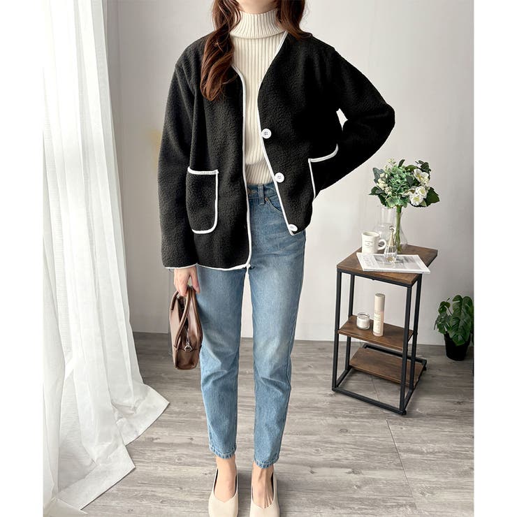 配色ラインノーカラーコート レディース 秋冬 | Dewlily | 詳細画像23 