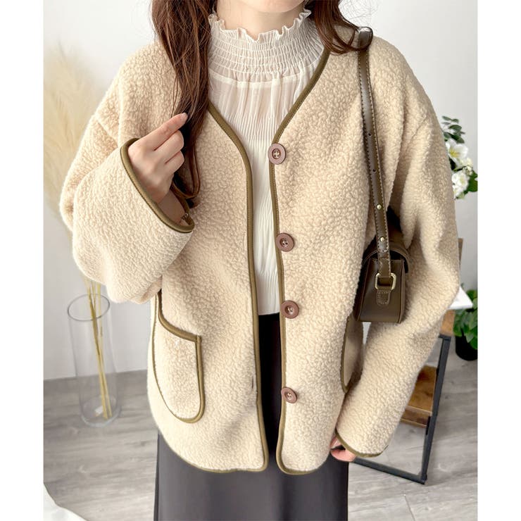 配色ラインノーカラーコート レディース 秋冬 | Dewlily | 詳細画像3 