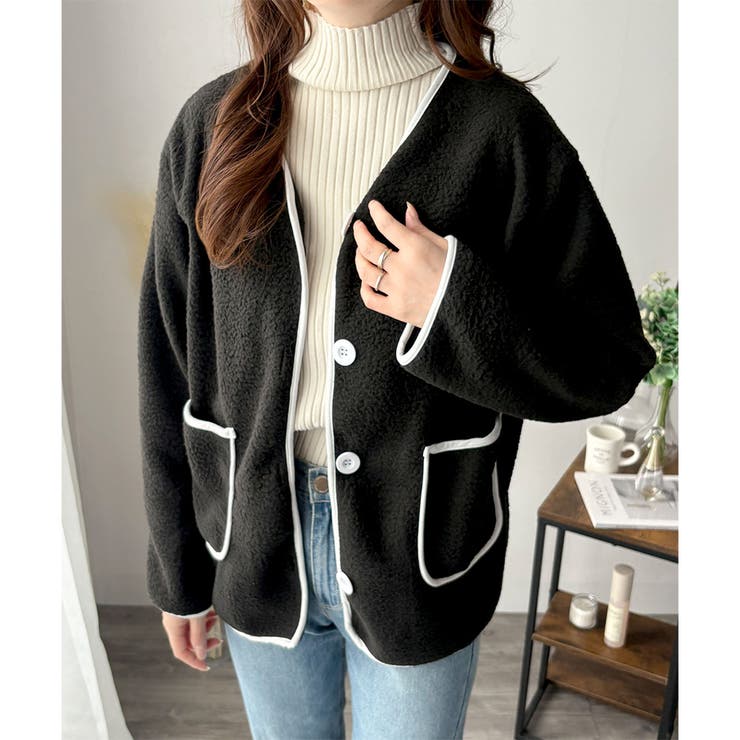 配色ラインノーカラーコート レディース 秋冬 | Dewlily | 詳細画像4 