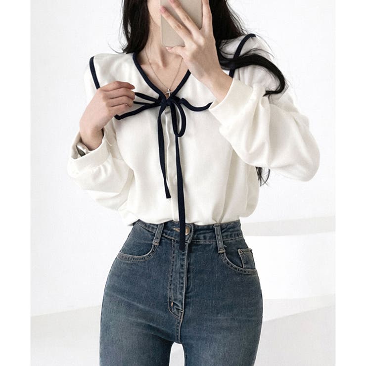 セーラー風配色リボンブラウス レディース シャツ | Dewlily | 詳細画像3 