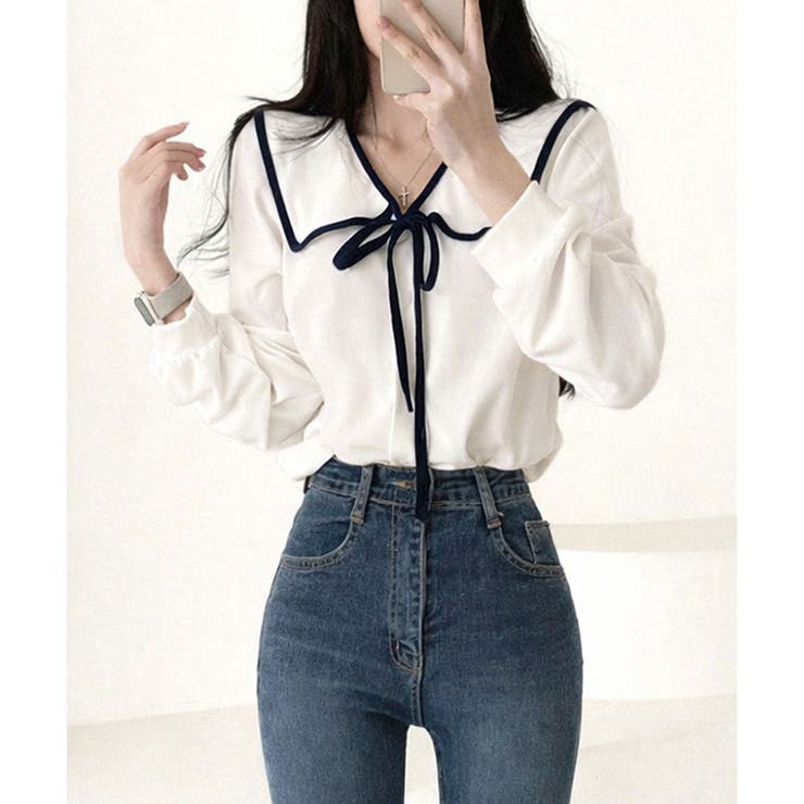 セーラー風配色リボンブラウス レディース シャツ | Dewlily | 詳細画像9 