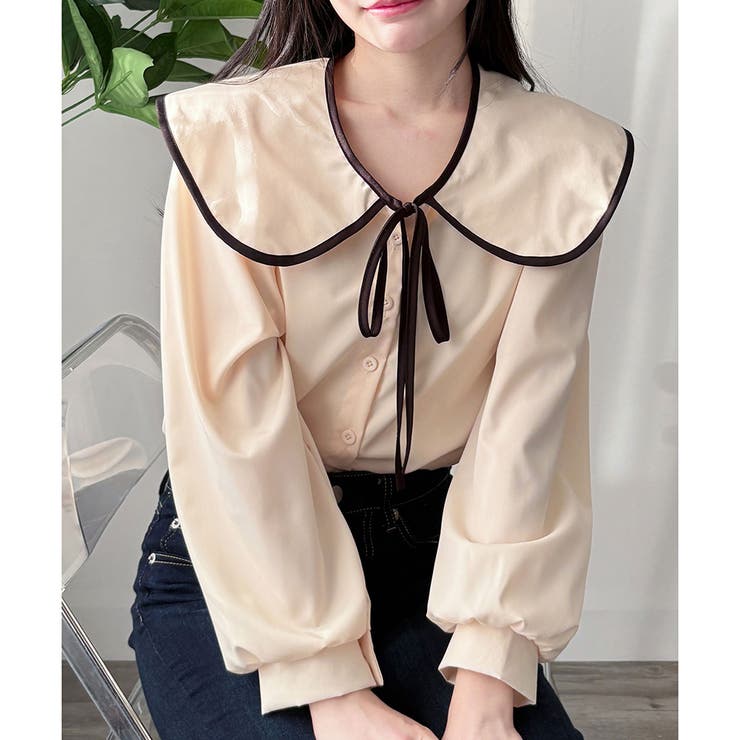 アイボリー | セーラー風配色リボンブラウス レディース シャツ | Dewlily