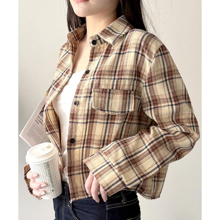 ベージュ | クロップド丈チェックシャツ レディース トップス | Dewlily