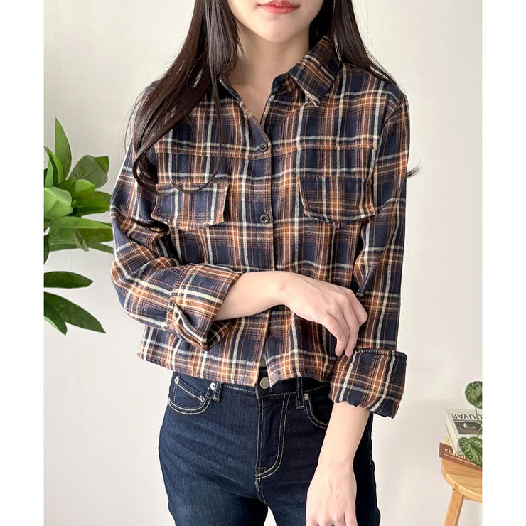 ブラウン | クロップド丈チェックシャツ レディース トップス | Dewlily