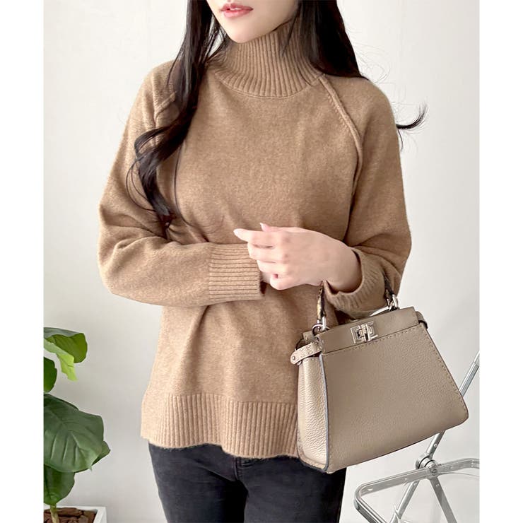 ベージュ | ソフトタッチハイネックニット レディース 長袖 | Dewlily