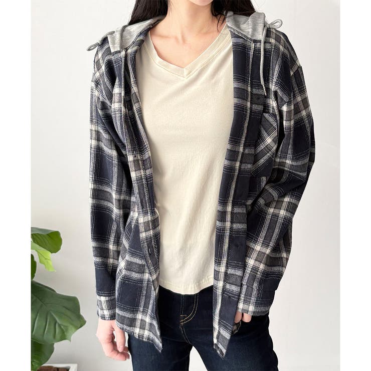 レイヤード風フード付きチェックシャツ レディース 長袖 | Dewlily | 詳細画像10 