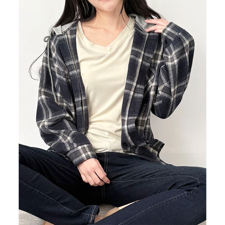 レイヤード風フード付きチェックシャツ レディース 長袖 | Dewlily | 詳細画像11 