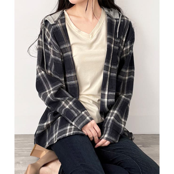 レイヤード風フード付きチェックシャツ レディース 長袖 | Dewlily | 詳細画像2 