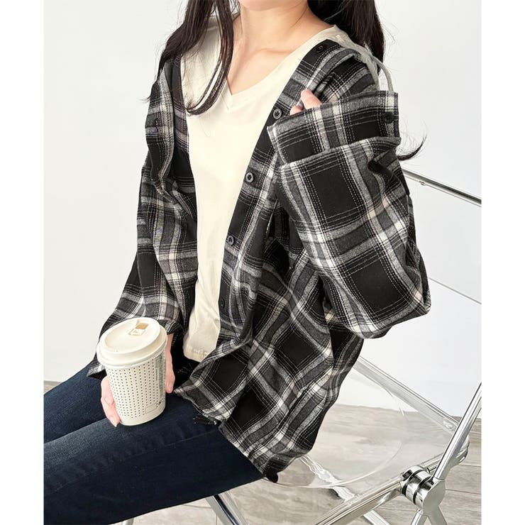 レイヤード風フード付きチェックシャツ レディース 長袖 | Dewlily | 詳細画像20 