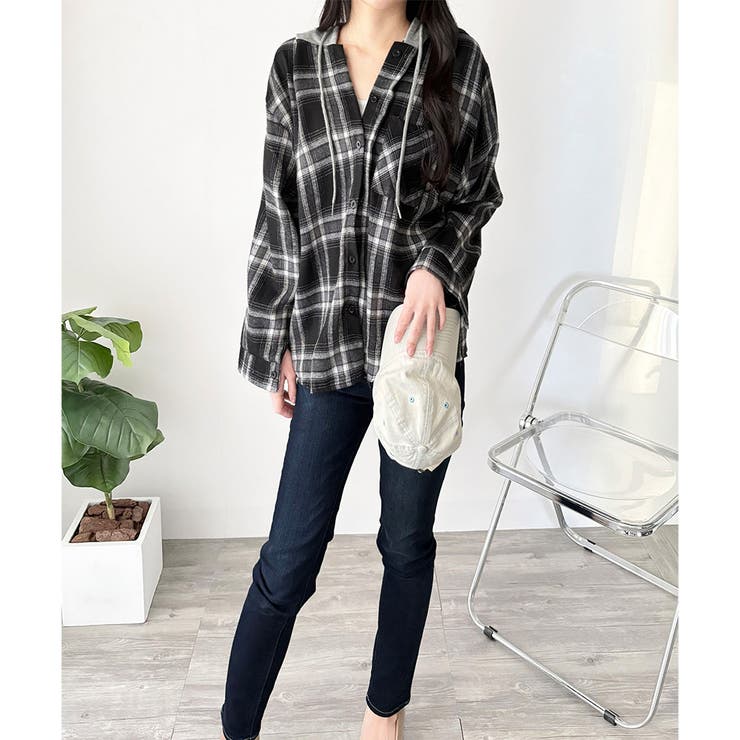 レイヤード風フード付きチェックシャツ レディース 長袖 | Dewlily | 詳細画像21 