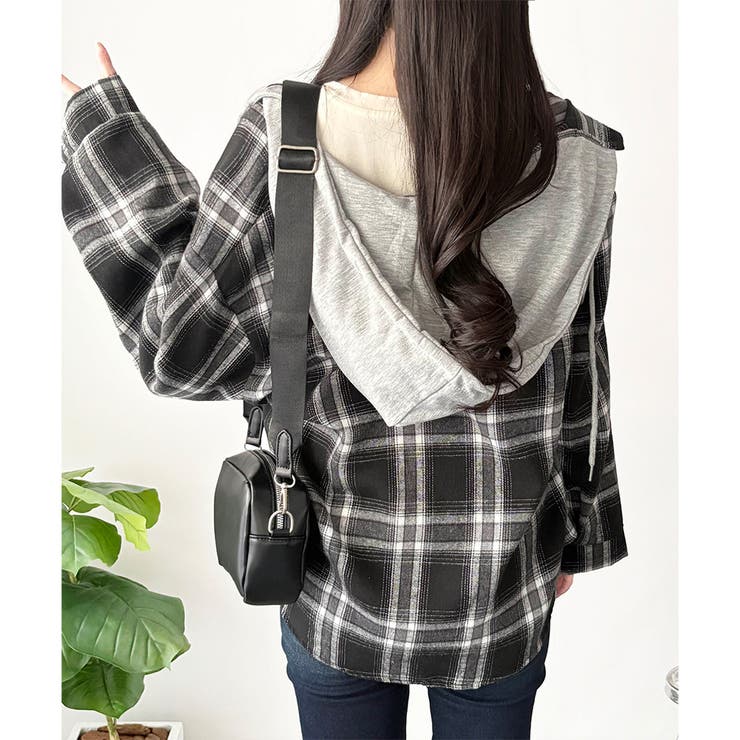 レイヤード風フード付きチェックシャツ レディース 長袖 | Dewlily | 詳細画像22 