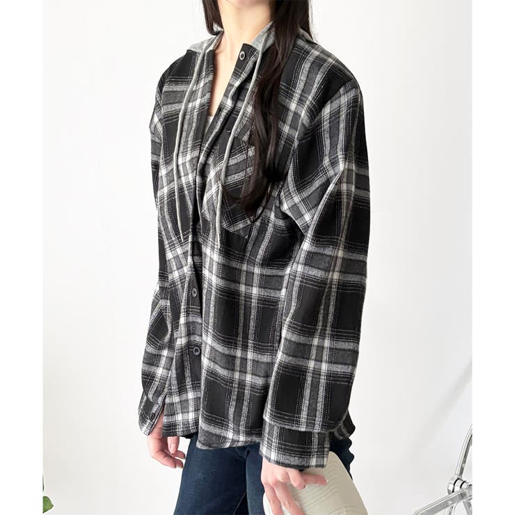 レイヤード風フード付きチェックシャツ レディース 長袖 | Dewlily | 詳細画像23 