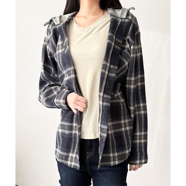 レイヤード風フード付きチェックシャツ レディース 長袖 | Dewlily | 詳細画像8 
