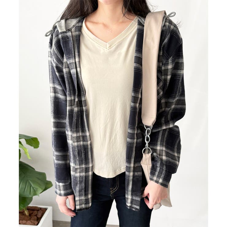 レイヤード風フード付きチェックシャツ レディース 長袖 | Dewlily | 詳細画像9 