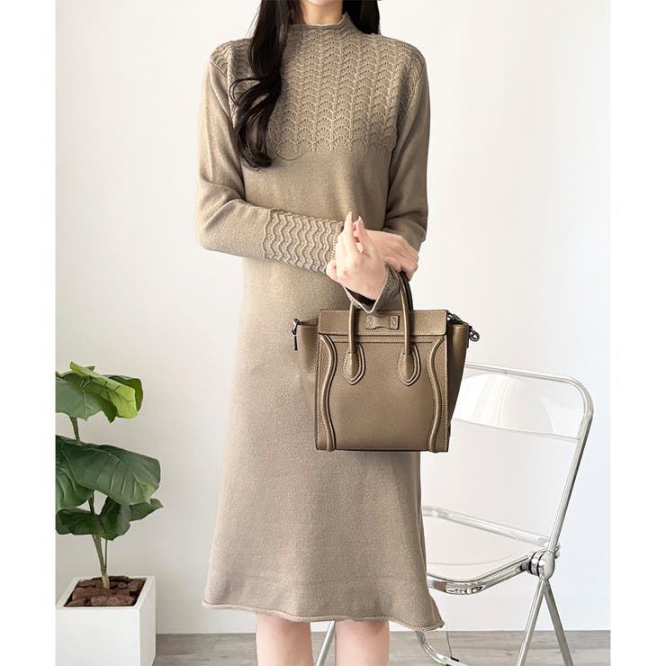 グレー | スカラ編み風ニットワンピース レディース ロング丈 | Dewlily