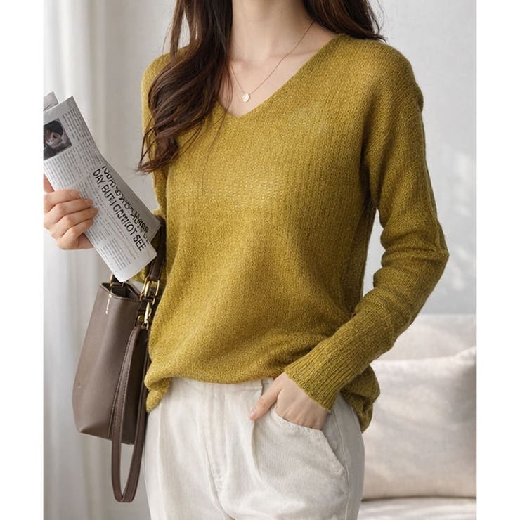 グリーン | ルーズ透かし編みVネックニット レディース カジュアル | Dewlily