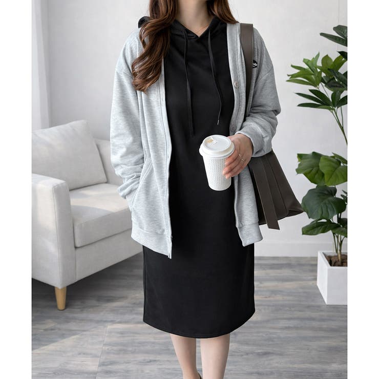 フード付きIラインロングワンピース レディース カジュアル | Dewlily | 詳細画像3 