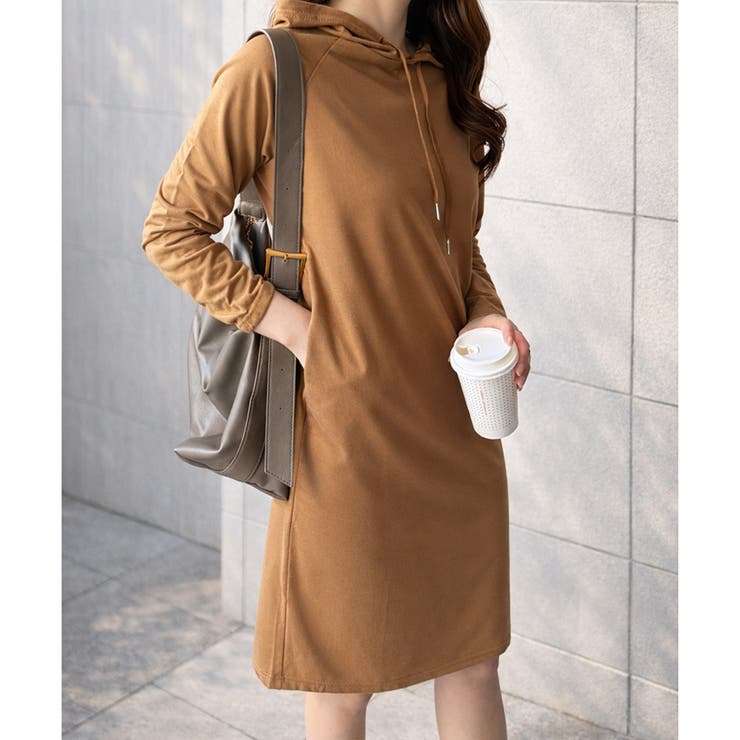 ブラウン | フード付きIラインロングワンピース レディース カジュアル | Dewlily