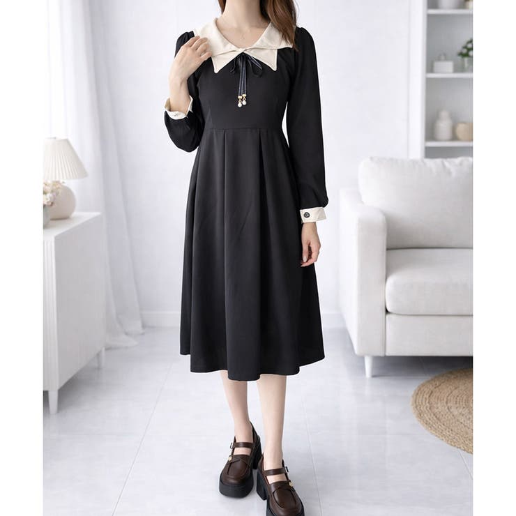 配色セーラーカラーロングワンピース レディース カジュアル | Dewlily | 詳細画像11 