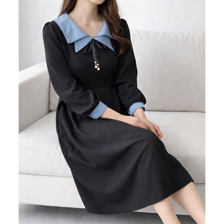 配色セーラーカラーロングワンピース レディース カジュアル | Dewlily | 詳細画像13 