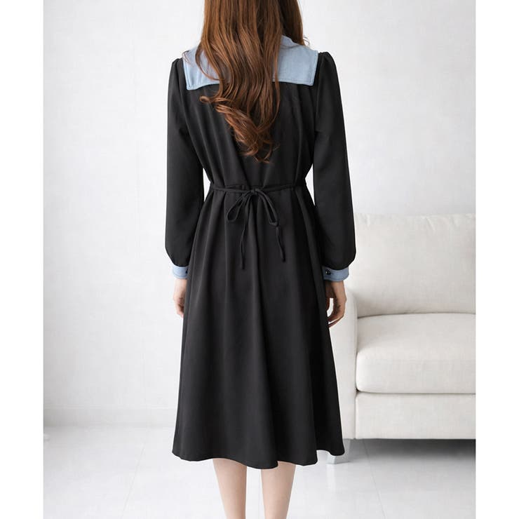 配色セーラーカラーロングワンピース レディース カジュアル | Dewlily | 詳細画像15 