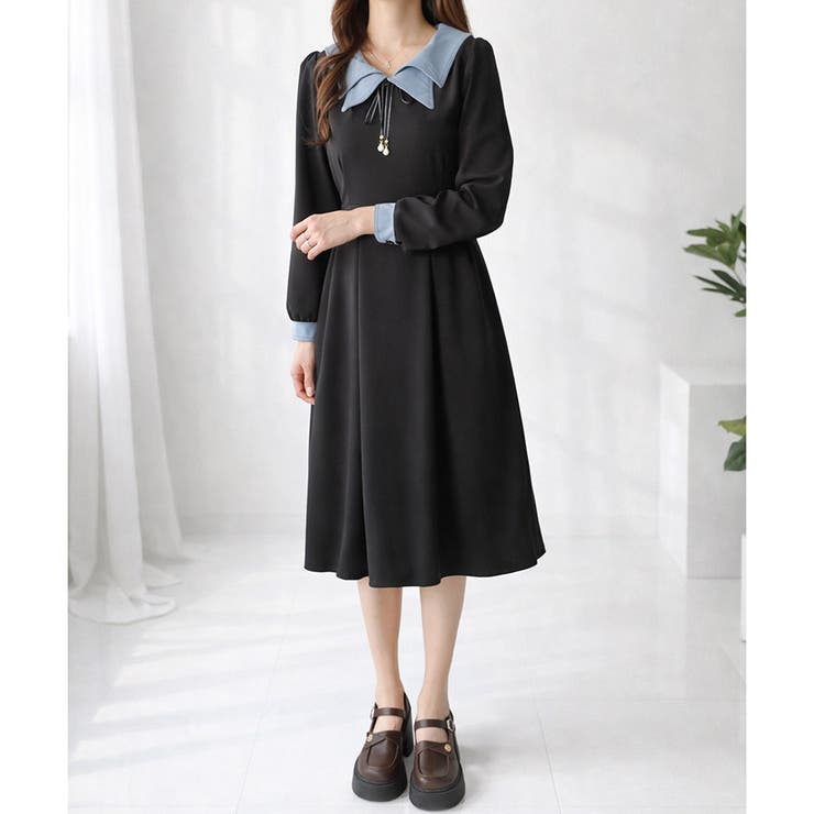 配色セーラーカラーロングワンピース レディース カジュアル | Dewlily | 詳細画像7 