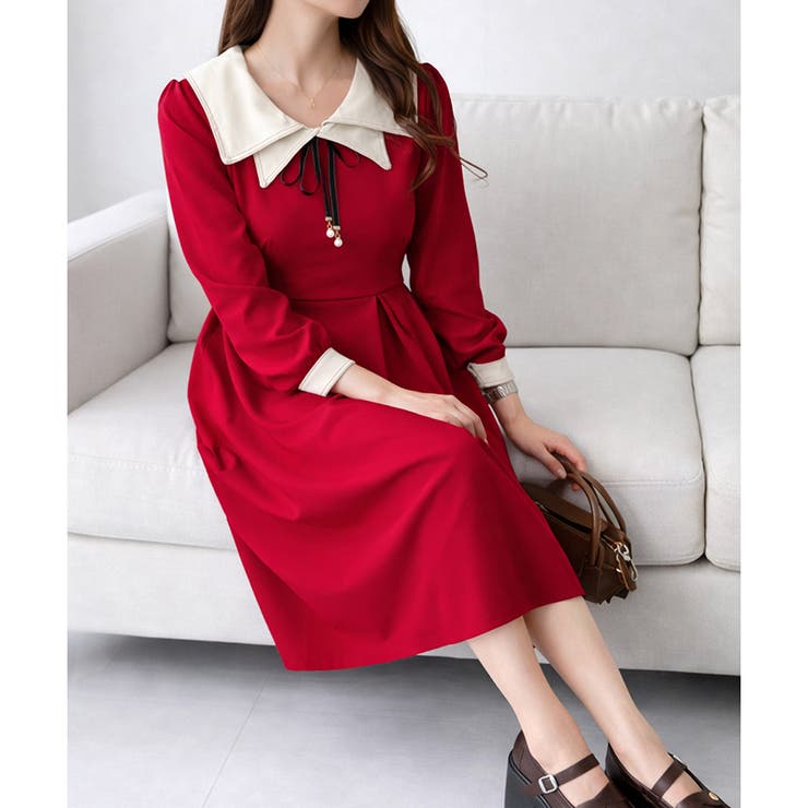 配色セーラーカラーロングワンピース レディース カジュアル | Dewlily | 詳細画像8 