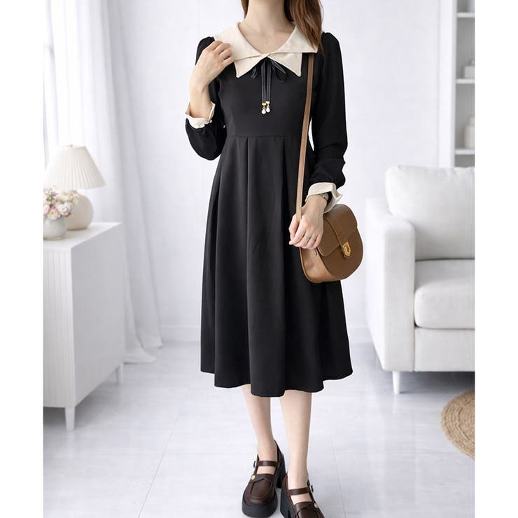 配色セーラーカラーロングワンピース レディース カジュアル | Dewlily | 詳細画像9 