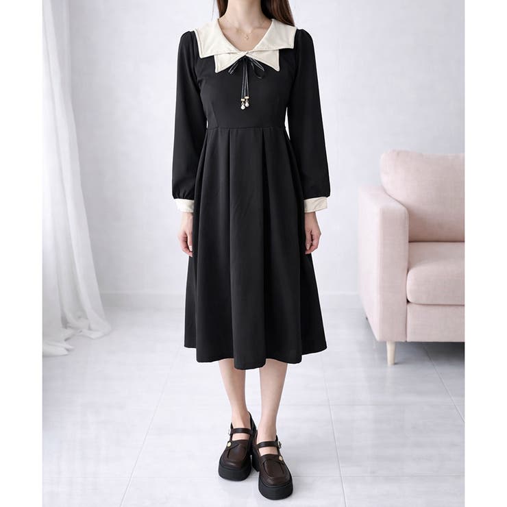 ブラック | 配色セーラーカラーロングワンピース レディース カジュアル | Dewlily